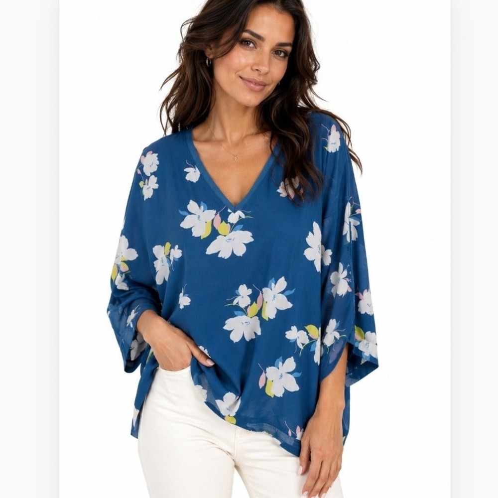 Simply Emma Womens 1X Floral Chiffon V-Neck Blouse Teal Blue 3/4 Sleeve Lined